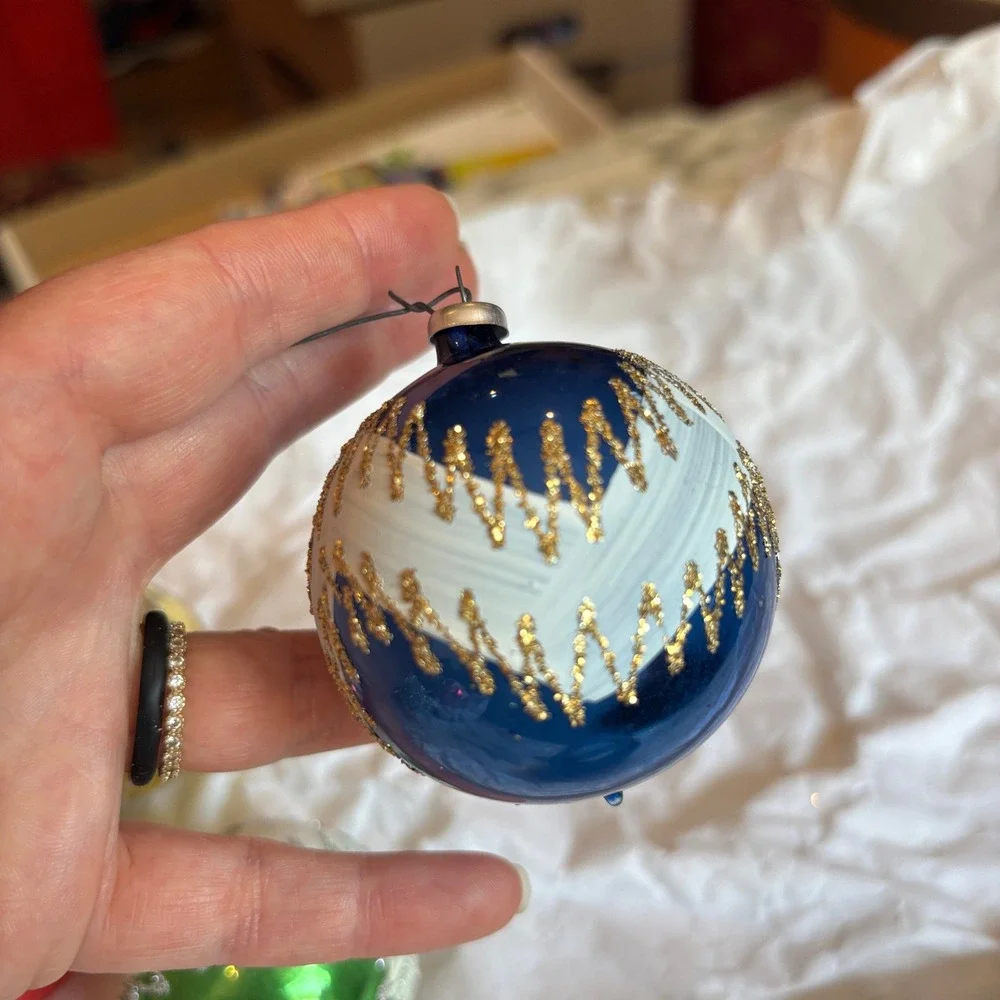 Vintage Multicolor Glass Ball Ornaments Silver Gold Glitter Zigzag Pattern 4pc
